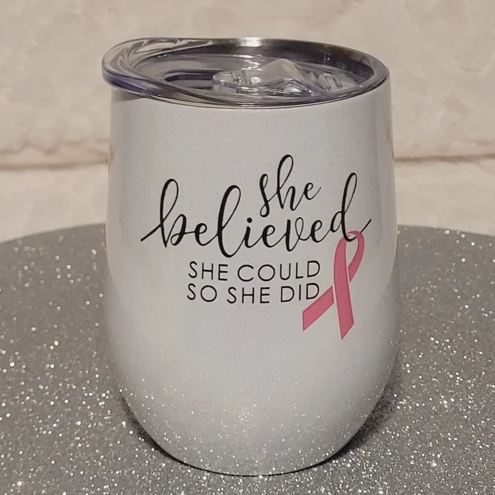 Klubi Wine Tumbler Breast Cancer Awareness Ribbon Iridescent Glitter White Lid